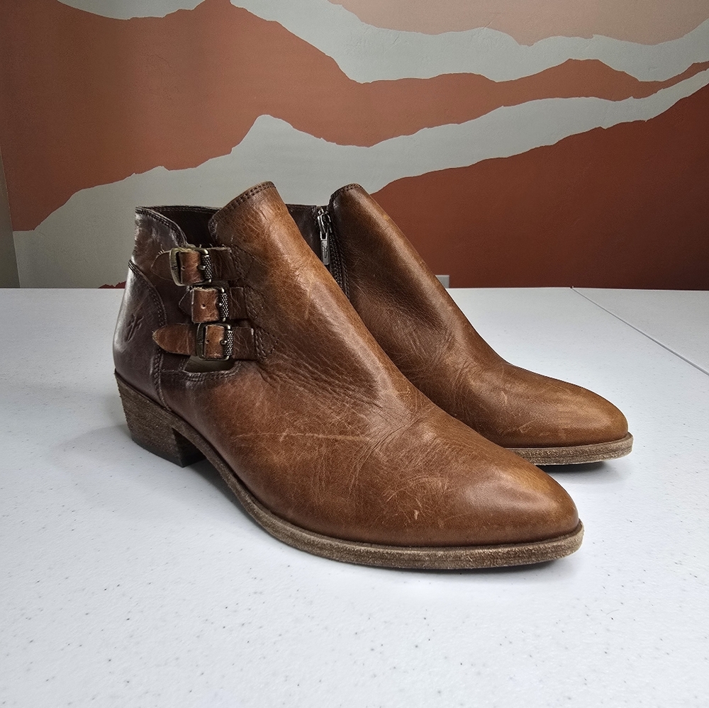 Frye Ray Belted Bootie 8.5 Brown Distressed Leather Western Cowboy Festival